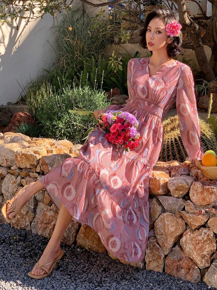 Mid-Long V-Neck Ruched Floral Print Dress For Women,Ruffle,Fall Dress Long Sleeve Dress Maxi Dress Boho