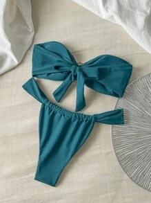 Swim Chiccia Springbreak Women Solid Bandeau Metal Decor And Thong Bikini Swimwear Set, Sexy Summer Beachwear