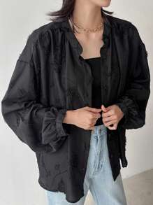 FRIFUL Women's Loose Textured Fabric Long Sleeve Shirt, Office/Commuting Style, Spring Fall - Black - View 4