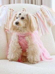 PETSIN 1pc Pet Universal Pink Heart Sequin Embroidery Flocked Mesh Bow Tie Dog Dress Elegant Cute Puppy Doggy Clothes - Pink - View 6