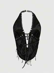 ROMWE Grunge Punk Women's Y2K Sexy Metal Cross Pendant Mesh Sequins Splice Scoop Neck Backless Tank Top