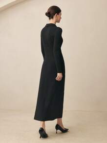 BizChic 优雅白色金属纽扣装饰褶皱女式春夏连衣裙，适合正式场合 - 黑色 - 查看 6