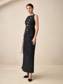 BizChic Black Office Wear For Women, Crew Neck Sleeveless Asymmetrical Tank Top & Long A-Line Skirt Spring/Summer Suit - Black - View 5