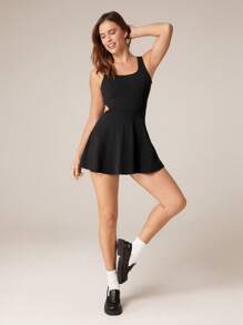 GLOWMODE FeatherFit™-Air 吸汗速干露背蝴蝶结连衣裙，内置短裤侧袋防滑手柄日常休闲装可拆卸罩杯运动连衣裙 - 黑色 - 查看 9