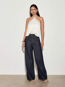 AiiRZ Top de satén de tirante al cuello con ribete de encaje - Albaricoque - Ver 3