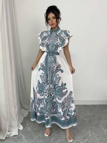 Elenzga Vestido Midi Fluido e Elegante com Cintura Marcada, Estampa Clássica, Vestido Longo Charmoso para Mulheres em Férias - Multicolorido - Visão 1