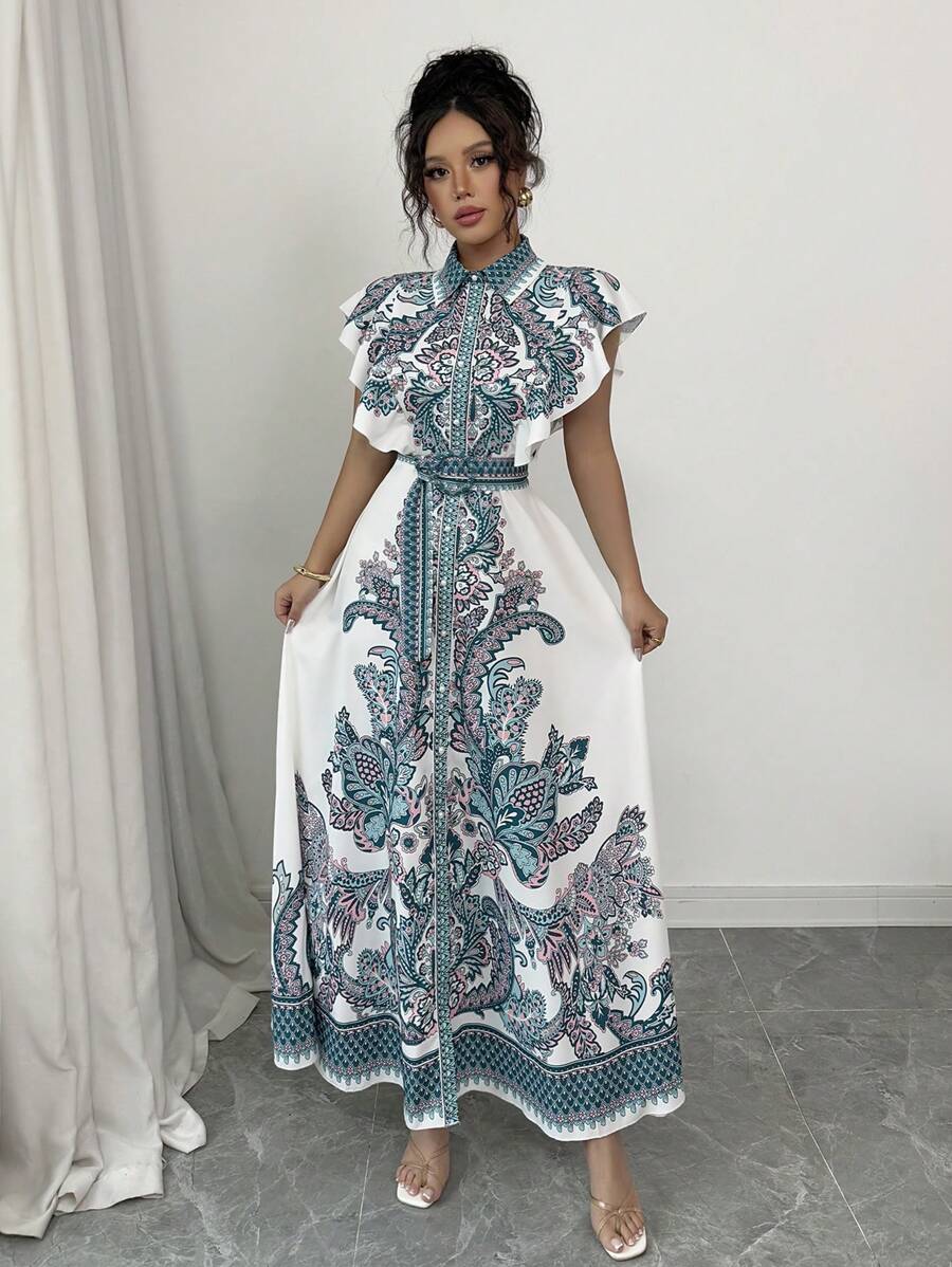 Elenzga Vestido Midi Fluido e Elegante com Cintura Marcada, Estampa Clássica, Vestido Longo Charmoso para Mulheres em Férias - Multicolorido - Visão 1
