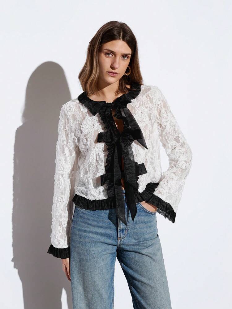 SHEIN Maija 2025 Summer New White Round Neck Color Block Frill Trim Bowknot Lace Embroidery Thin Jacket, Suitable For Music Festival, Beach Vacation, Casual, Romantic, Urban Resort, Parties, Weddings, Graduation