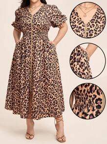 Comfylo Vestidos de verão plus size femininos com estampa de leopardo e manga bufante - Multicolorido - Ver 1
