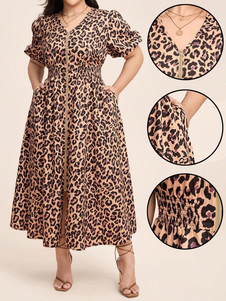 Comfylo Vestidos de verão plus size femininos com estampa de leopardo e manga bufante - Multicolorido - Ver 1