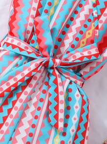 青少年女孩度假风格彩虹几何条纹全印花连体裤（配腰带）