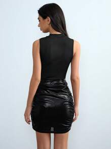 Chiquease Vestido feminino sem mangas com decote em V e patchwork drapeado e bodycon elegante