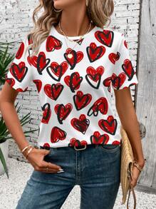 SHEIN LUNE Casual Heart Pattern Round Neck Short Sleeve Women T-Shirt, Suitable For Spring & Summer