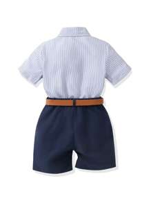 2 件年轻男孩绅士服装：条纹蓝色刺绣马匹 Polo 衫和西装短裤（配腰带），时尚休闲日常穿着，适合上学、旅行、生日派对、婚礼、戒指持有人、花童 - 藍色 - 查看 2