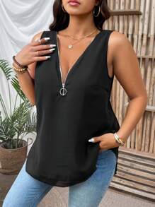 SHEIN LUNE Plus Size Chiffon Front Double Layer Overlap V-Neck, Circular Ring Zipper Decor Casual Sleeveless Top - Black - View 5