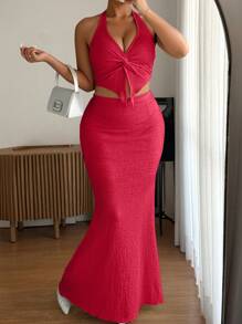 SHEIN Clasi Women's Spaghetti Strap Deep V-Neck Camisole Top And Bodycon Mini Skirt Set - Red - View 1