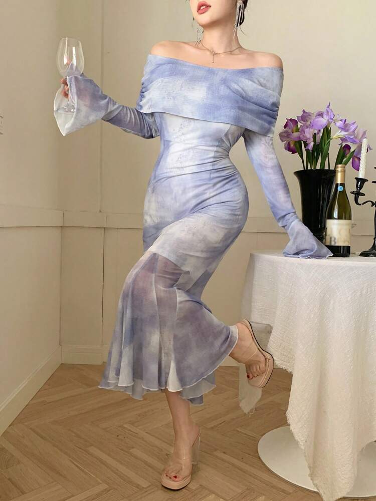 Women's Off Shoulder Floral Print Flared Sleeve Mermaid Dress Elegant,Ruffle,Fall Dress Long Sleeve Dress