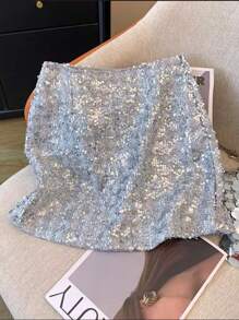 SHEIN Clasi Spring/Summer Sequins A-Line Mini Skirt With Zipper For Women - Silver - View 2