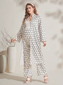 SHEIN Maternity Geometric Print Casual Loose 2 Pieces Set, Spring/Summer - Apricot - View 5