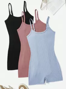 SHEIN EZwear 3pcs/Set Women Solid Ribbed Camisole Romper Unitard - Multicolor - View 3