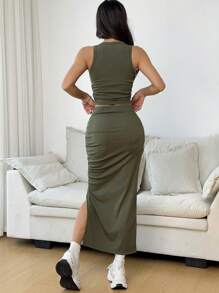 SHEIN EZwear 女士纯色背心和半身裙套装（2件套），简约时尚，日常休闲穿着 - 軍綠色 - 查看 2