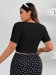 SHEIN EZwear 大尺寸圓領短袖 T 卹,緊身版型,不對稱下擺,夏季休閒裝 - 黑色 - 查看 3