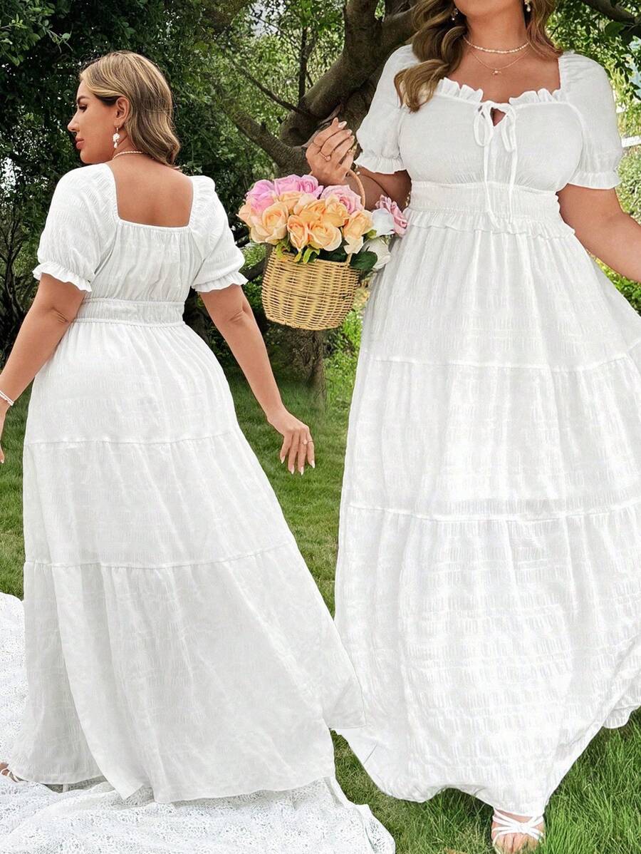 Flirla Plus Size Boho Solid Sweetheart Collar Ruffle Trim Front Tie Puff Sleeve Elastic Waist A-Line Patchwork Dress, For Summer - White - View 1
