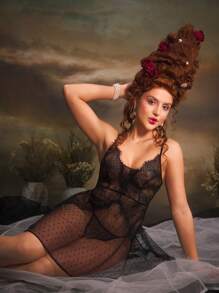 Retro Palace-Style Polka Dot Lace Embroidery Sexy Women Nightgown - Black - View 1