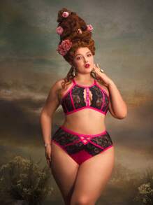 PinupGlam Lencería de talla grande sexy con encaje de espina de pescado