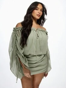 MISSGUIDED PLUS Off Shoulder Ruffle Sage Mini Dress Chiffon Sheer Long Sleeve Boho Summer Party Wedding Guest Flowy Beach Resort Vacation Evening - Green - View 1