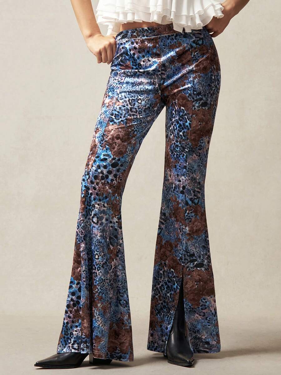 Bohemela Boho Knitted Leopard Print Flared Pants - Blue - View 1