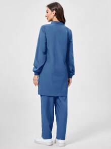 TaskEZ Women's Scrub Set, Solid Color Long Sleeve Pocket Tunic Top & Pants, Nursing Scrub Uniform - Blue - View 2