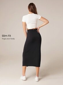 GLOWMODE Modal Soft Comfy Side Slit Front Knot Skirt Daily Casual Wear - Black - View 2