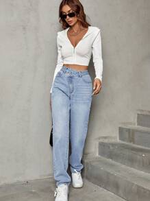 SHEIN Frenchy Stepped Waist Straight Leg Jeans Winter Casual - Light Wash - View 7