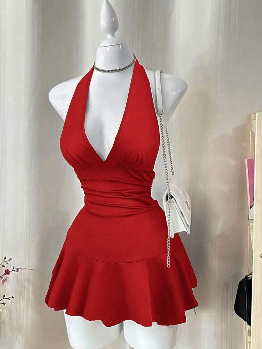 Flirla Plus Size V-Neck Halter A-Line Sexy Party Mini Dress For Women - Red - View 1
