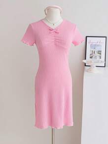 Wildeya Tween-Mädchen Kleid, elegantes, süßes, kurzärmliges Minikleid aus Strick mit Schleife, rosa Kleid, geeignet für Sommer und Frühling, passend für Party und Urlaub
