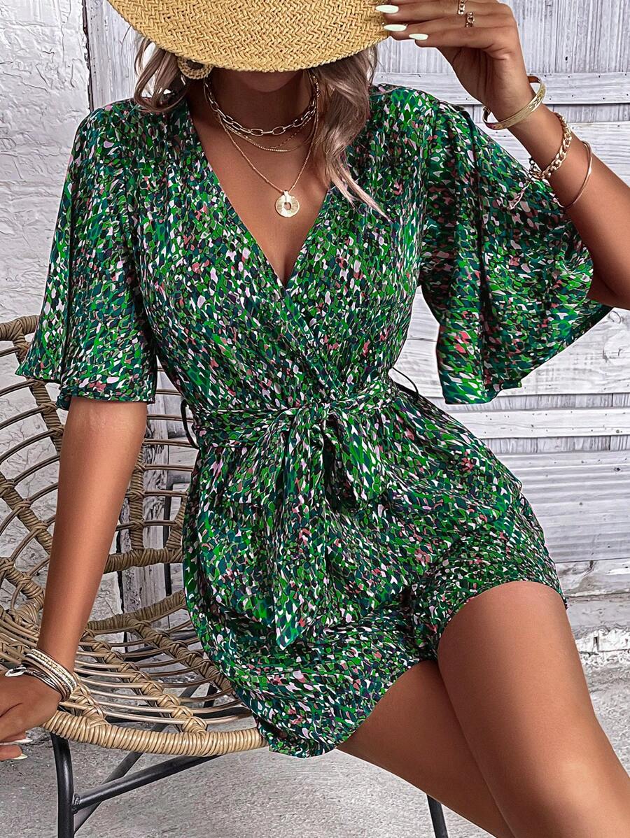 Breezaya All-Over Print Elasticated Waist Romper, Casual Vacation Wear - Green - View 1