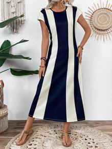 Breezaya Women's Casual Elegant Contrast Color Striped Batwing Sleeve Button Decor Cinched Waist Midi Dress - Multicolor - View 3