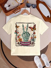 SHEIN Young Girl Casual Chic Comfortable Simple Fashion Floral, Letter & Star Pattern Short Sleeve T-Shirt, Spring Summer, School, Campus, College Summer Holiday - Apricot - View 2