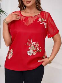 SHEIN Clasi 大码女式夏季蕾丝花卉撞色网眼短袖衬衫