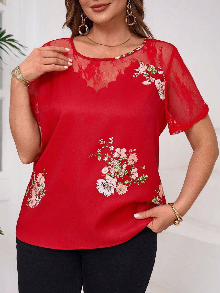 SHEIN Clasi 大码女式夏季蕾丝花卉撞色网眼短袖衬衫