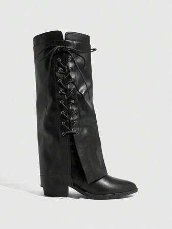 CUCCOO SZL Botas Cano Alto Pretas Fashionistas com Cadarços Laterais, Para Feriados, Festivais de Música para o Natal e Ano Novo