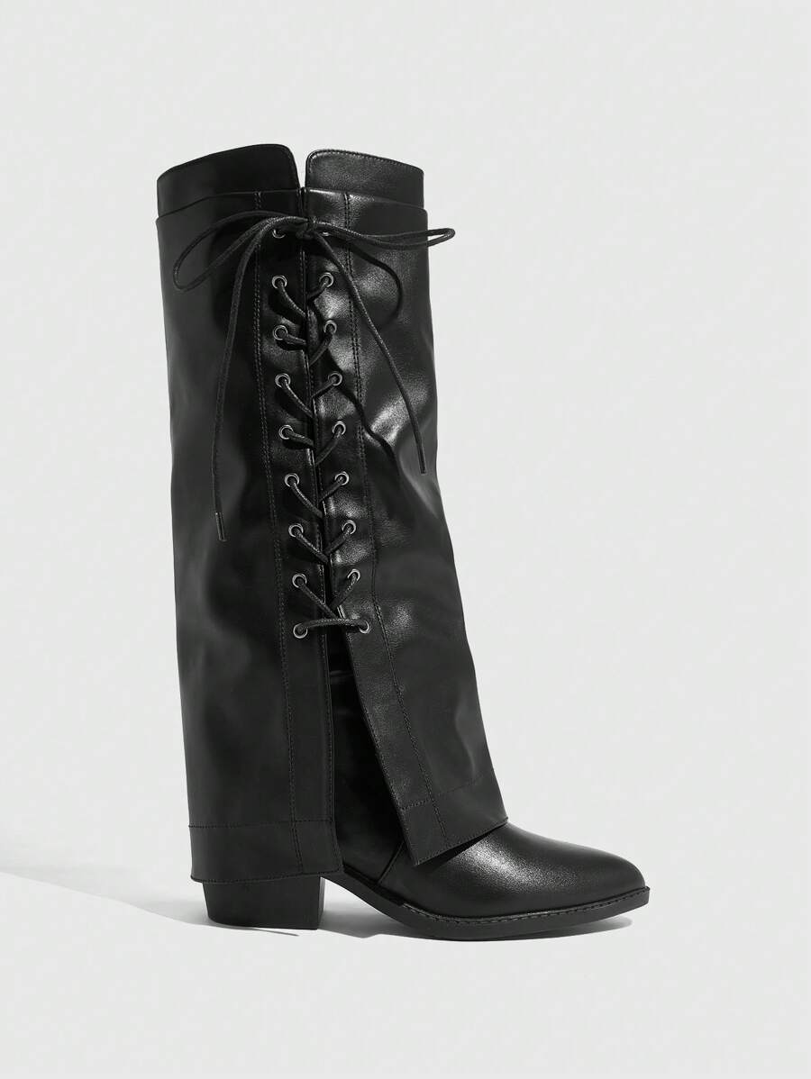 CUCCOO SZL Fashionable Black Side Lace-Up Thigh High Boots, For Holidays, Music Festival For Spring Shoes Spring Break Easter For Christmas - Black - View 1