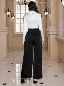 Modelyn بدلة سيدات إنيقة أرجل واسعة بأكمام طويلة مزينة بالؤلؤ والألوان المتباينة على الياقة