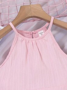 SHEIN Vintaside Kids Tween Girl Solid Color Ruffle Halter Top And Wide Leg Pants 2 Pieces Set, Casual - Pink - View 5