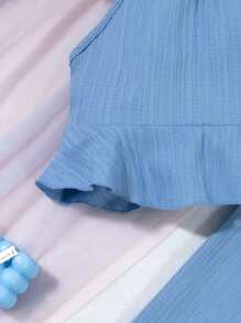 SHEIN Conjunto de 2 piezas con top halter con dobladillo con volantes y pantalones en unicolor para niña preadolescente - Azul - View 4