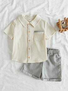 Vintaside Kids 2 Stücke Youngboy Aprikosen Lässig Minimalist vielseitiges Webstoff Kurzarm Hemd mit Gummizug Taille Shorts Set, geeignet für Ausflüge und Veranstaltungen - Verschiedenfarbig - Übersicht 1