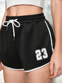 SHEIN LUNE Celana Pendek Olahraga Kasual Wanita Gaya Sporty dengan Motif Grafis, Pinggang Rendah, Tali Serut, Model A-Line, Celana Pendek Seksi dan Imut, Kombinasi Warna, Musim Panas untuk Wanita, Pakaian Olahraga - Hitam - View 6