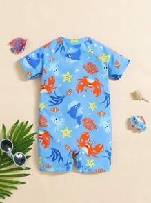SHEIN Leap Crew 1 pieza Traje de baño de una sola pieza para niños pequeños con estampado gráfico lindo de tiburón y pez, ropa de playa para nadar, playa, surf, primavera/verano - Azul - Ver 2