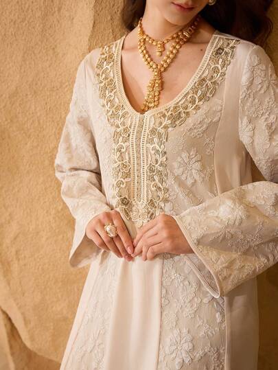 Al Najma 女士提花拼接优雅奢华土耳其长袍和阿拉伯传统长裙、卡夫坦和贾拉比亚，女士奢华晚礼服，端庄